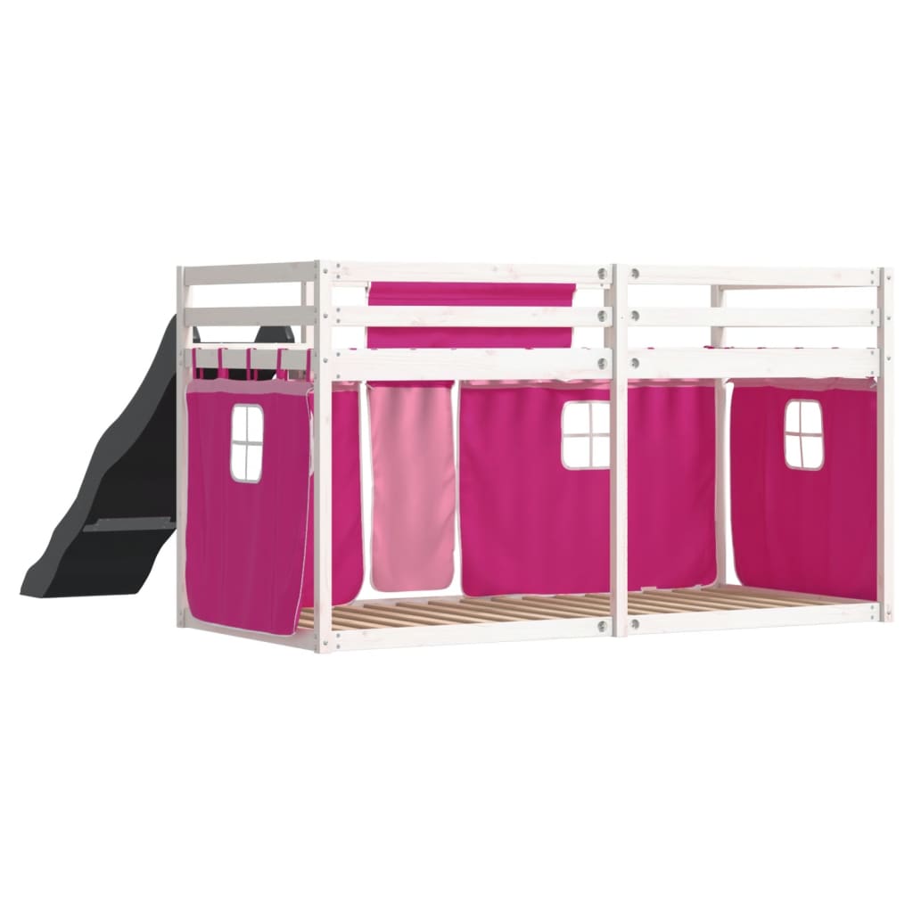 vidaXL Bunk Bed without Mattress with Slide and Curtains Pink 90x190 cm Single