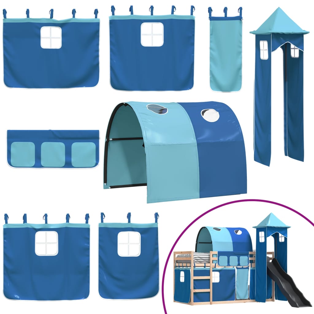 vidaXL Bunk Bed without Mattress with Slide and Curtains Blue 90x200 cm