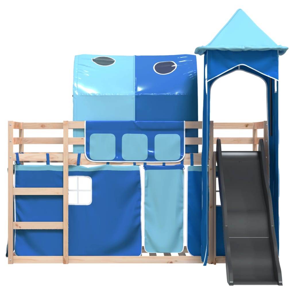 vidaXL Bunk Bed without Mattress with Slide and Curtains Blue 90x200 cm