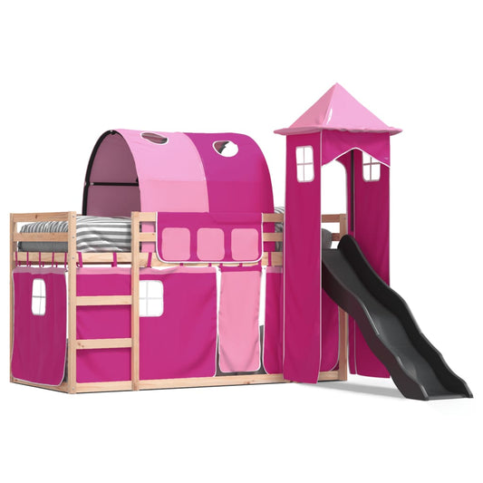 vidaXL Bunk Bed without Mattress with Slide and Curtains Pink 90x200 cm