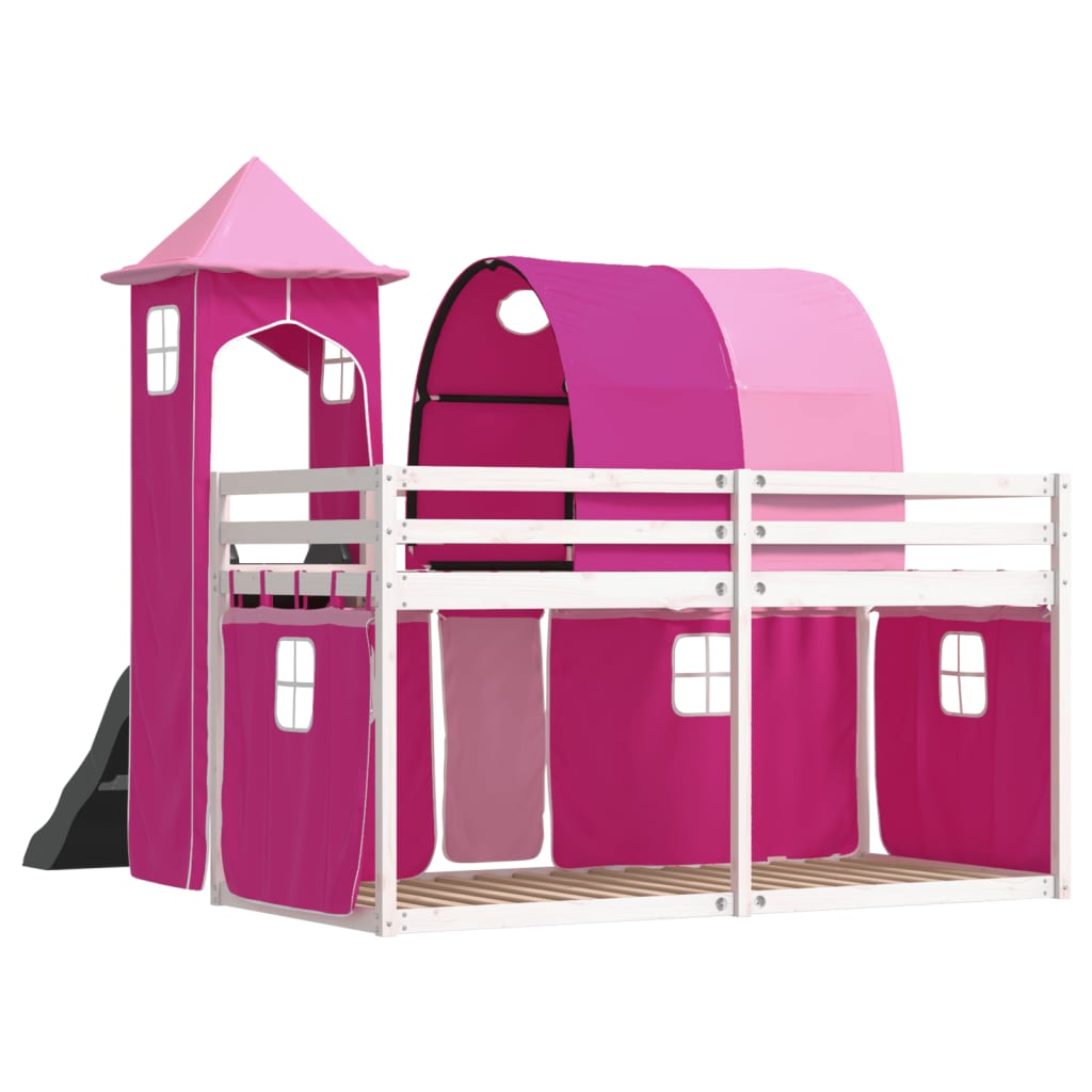 vidaXL Bunk Bed without Mattress with Slide and Curtains Pink 90x200 cm