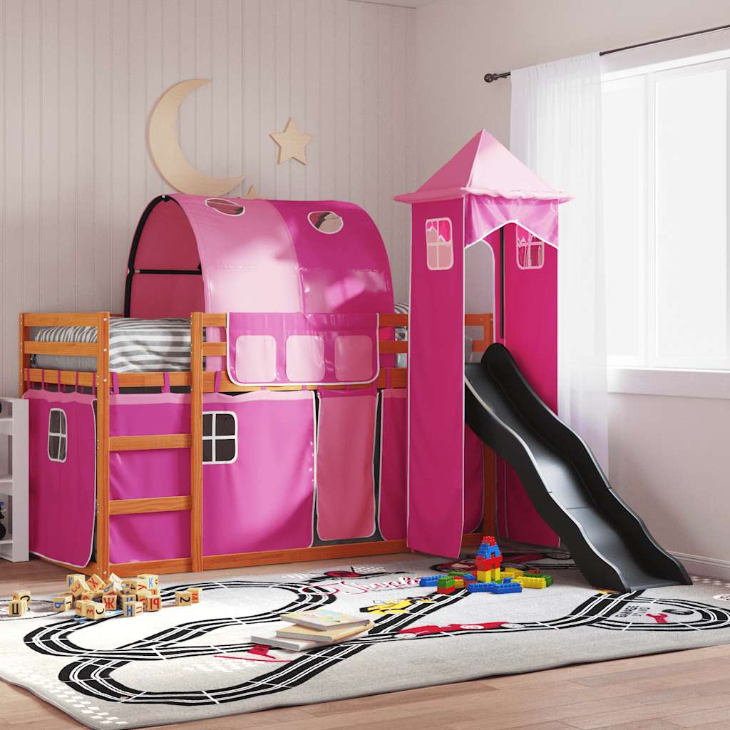 Bunk Bed without Mattress with Slide and Curtains Pink 90x200 cm
