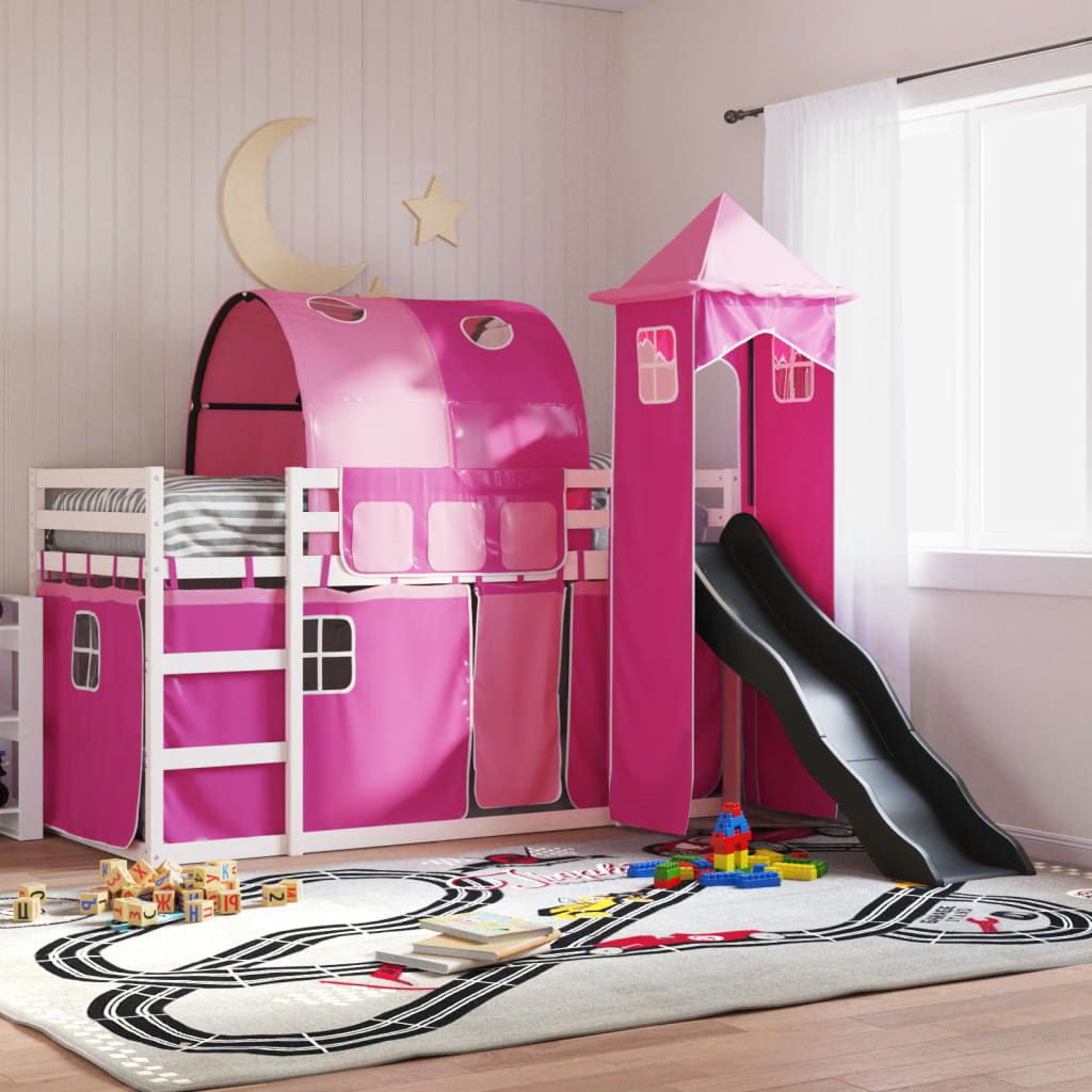 vidaXL Bunk Bed without Mattress with Slide and Curtains Pink 80x200 cm