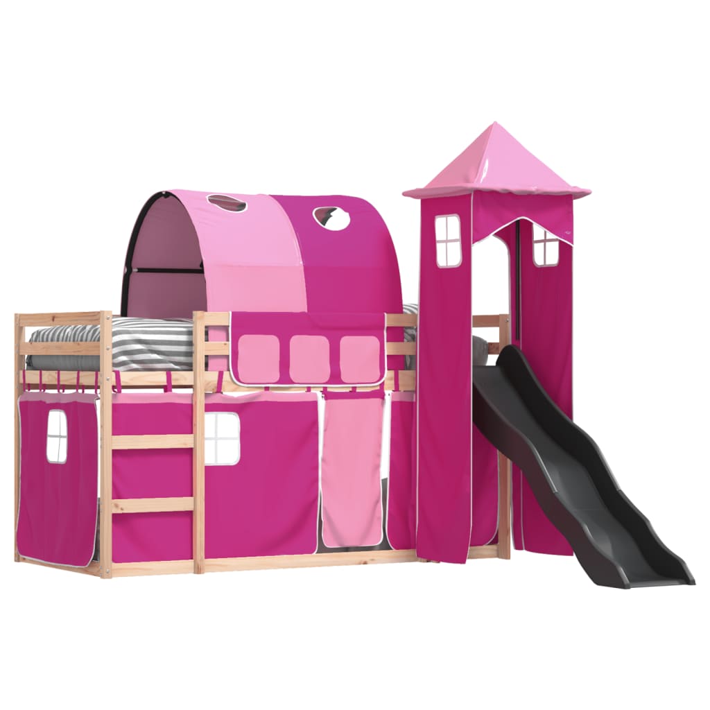 vidaXL Bunk Bed without Mattress with Slide and Curtains Pink 90x190 cm Single