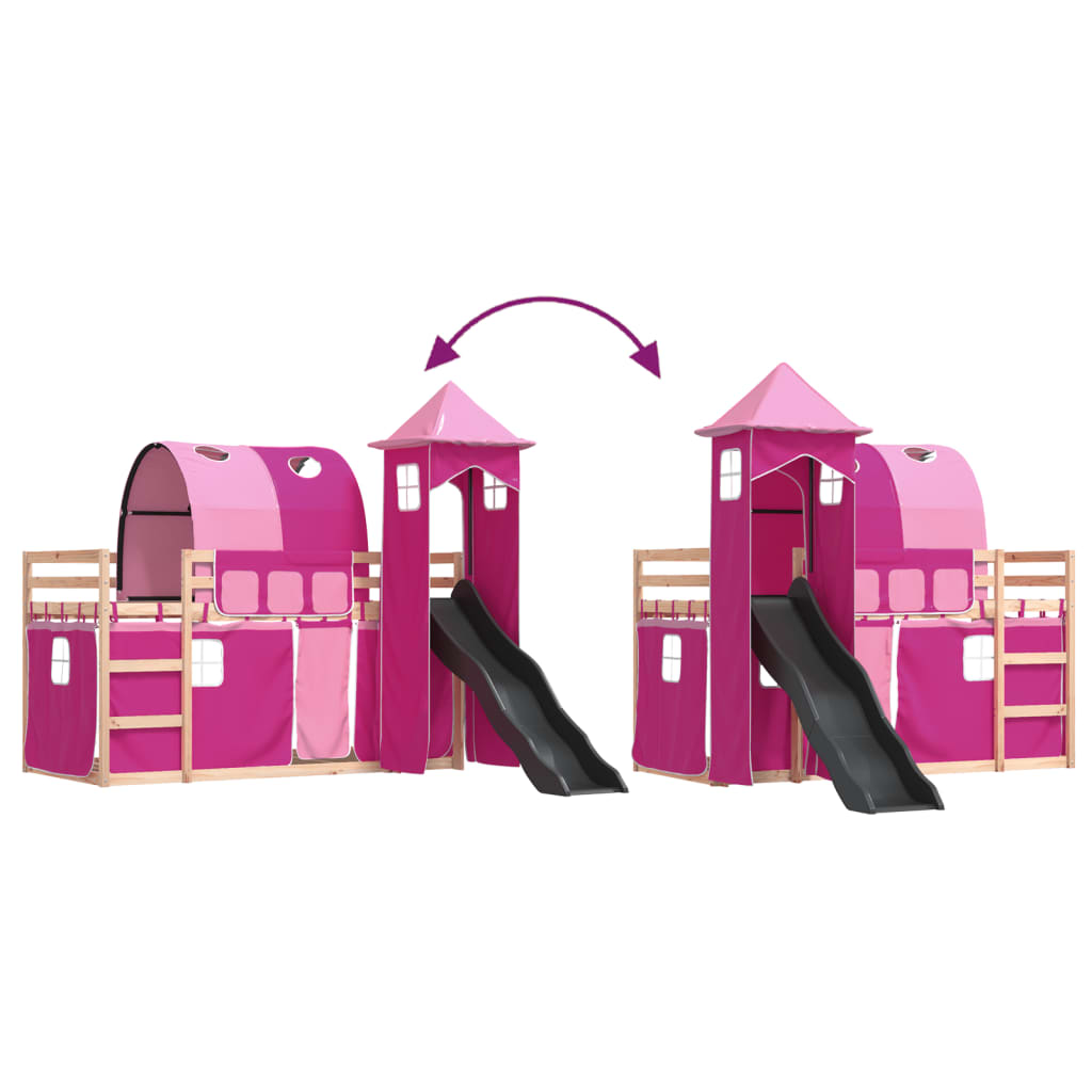 vidaXL Bunk Bed without Mattress with Slide and Curtains Pink 90x190 cm Single