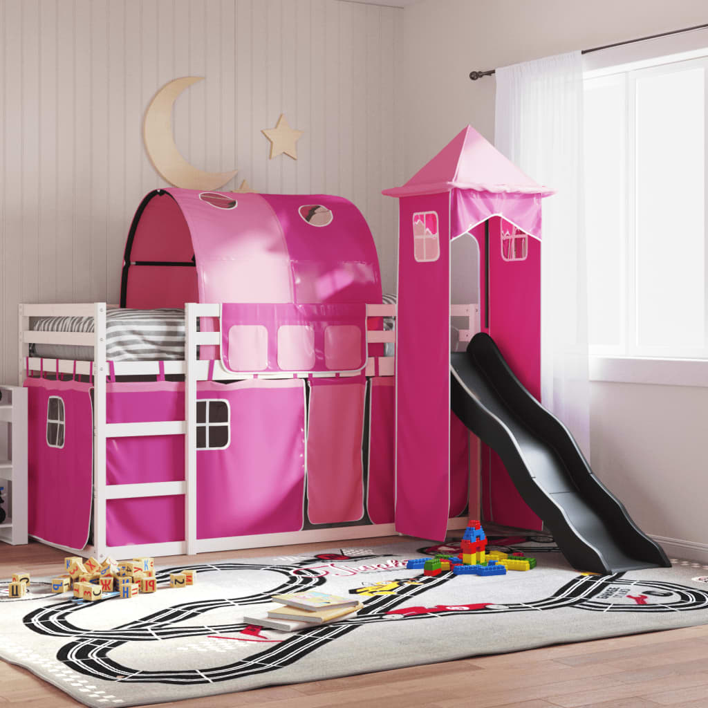 vidaXL Bunk Bed without Mattress with Slide and Curtains Pink 90x190 cm Single