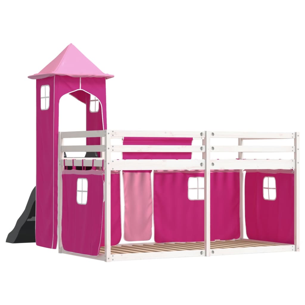 vidaXL Bunk Bed without Mattress with Slide and Curtains Pink 90x200 cm