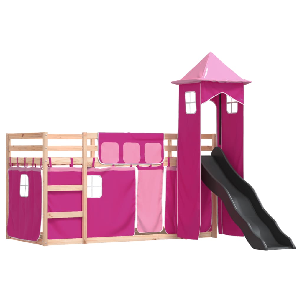 vidaXL Bunk Bed without Mattress with Slide and Curtains Pink 80x200 cm