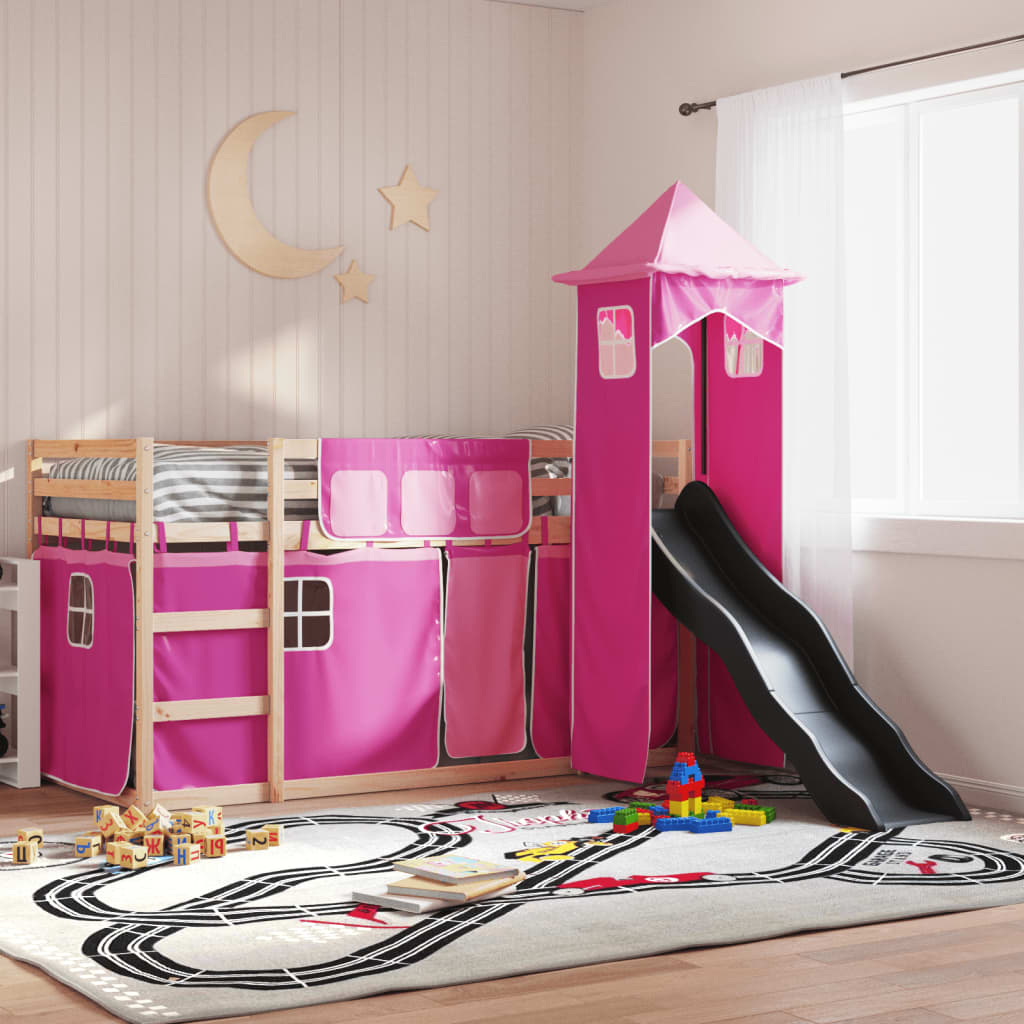 vidaXL Bunk Bed without Mattress with Slide and Curtains Pink 80x200 cm