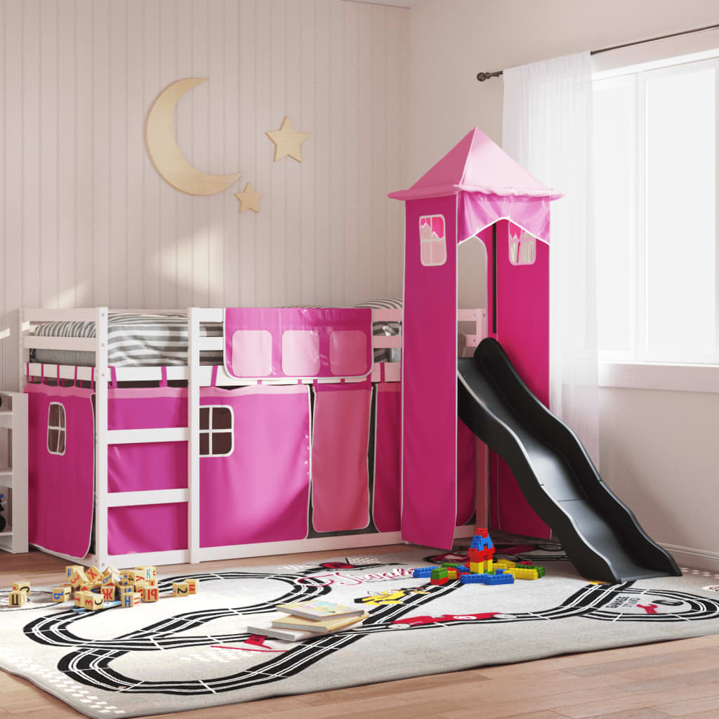 vidaXL Bunk Bed without Mattress with Slide and Curtains Pink 80x200 cm