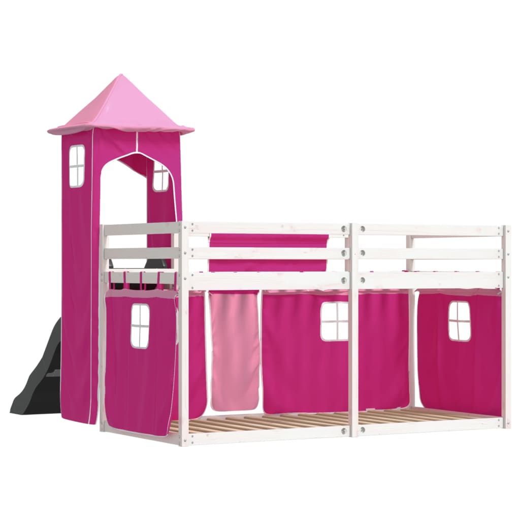 vidaXL Bunk Bed without Mattress with Slide and Curtains Pink 80x200 cm