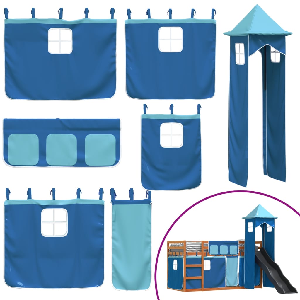 vidaXL Bunk Bed without Mattress with Slide and Curtains Blue 80x200 cm