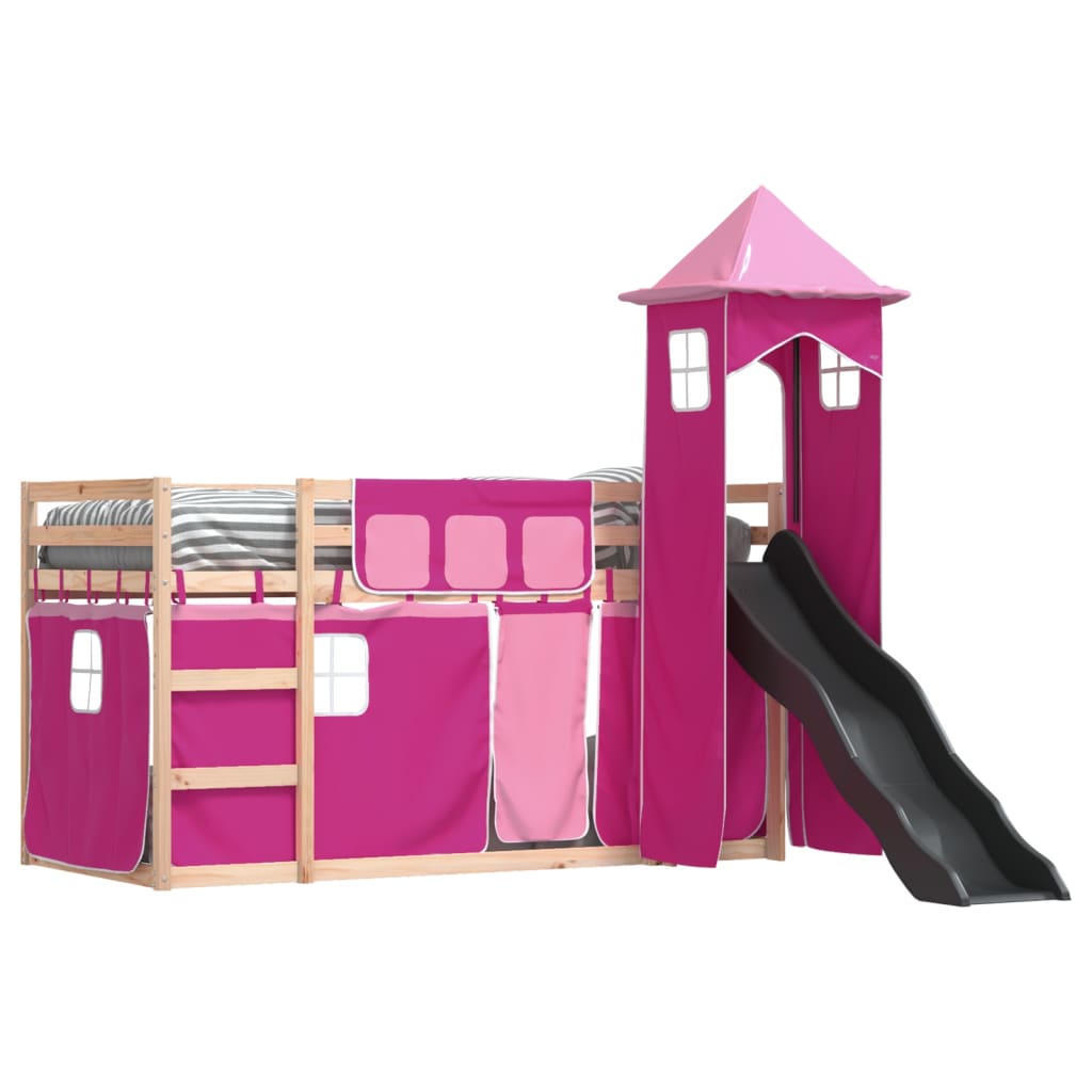 vidaXL Bunk Bed without Mattress with Slide and Curtains Pink 90x190 cm Single