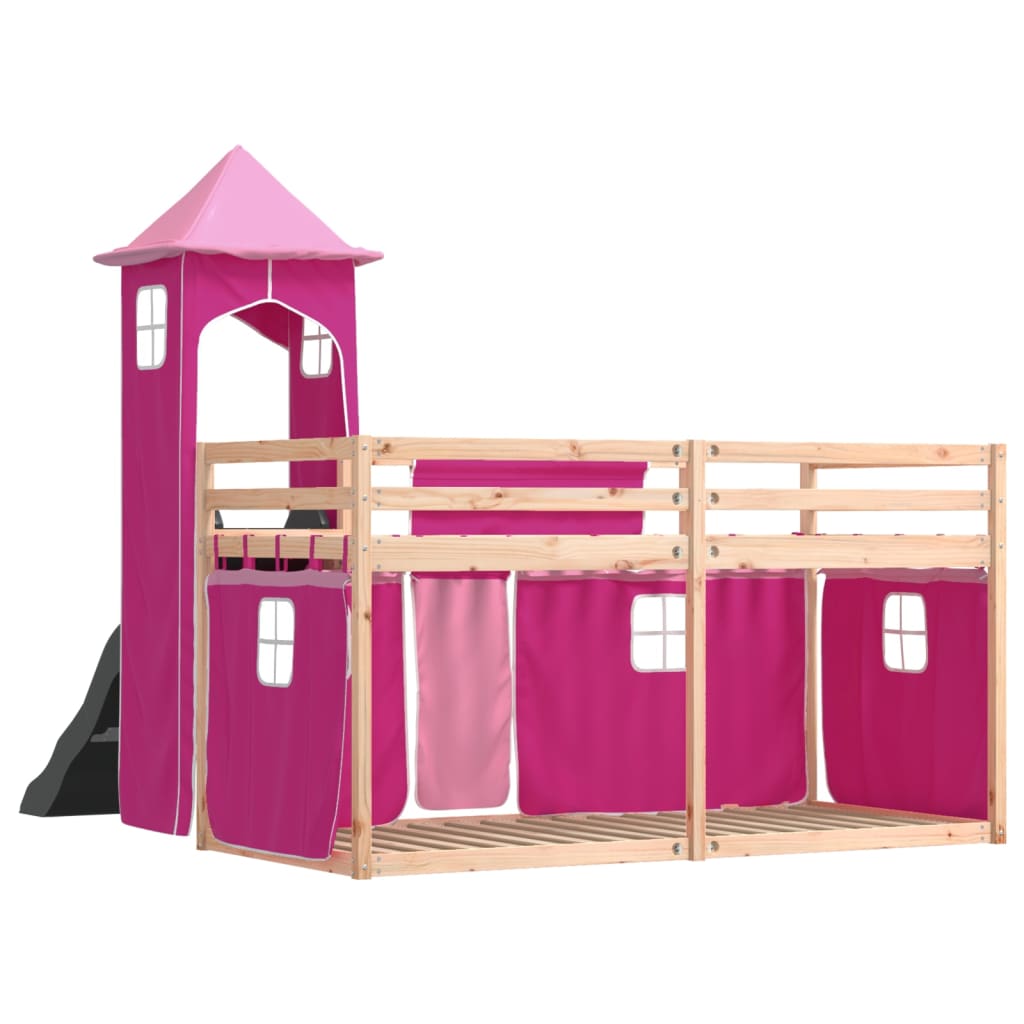 vidaXL Bunk Bed without Mattress with Slide and Curtains Pink 90x190 cm Single