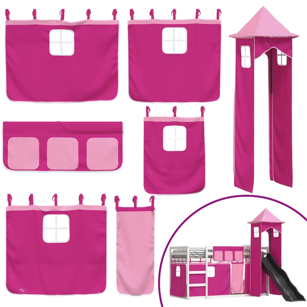 vidaXL Bunk Bed without Mattress with Slide and Curtains Pink 90x190 cm Single