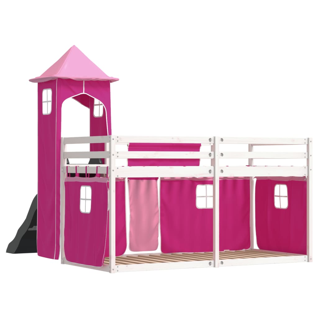 vidaXL Bunk Bed without Mattress with Slide and Curtains Pink 90x190 cm Single