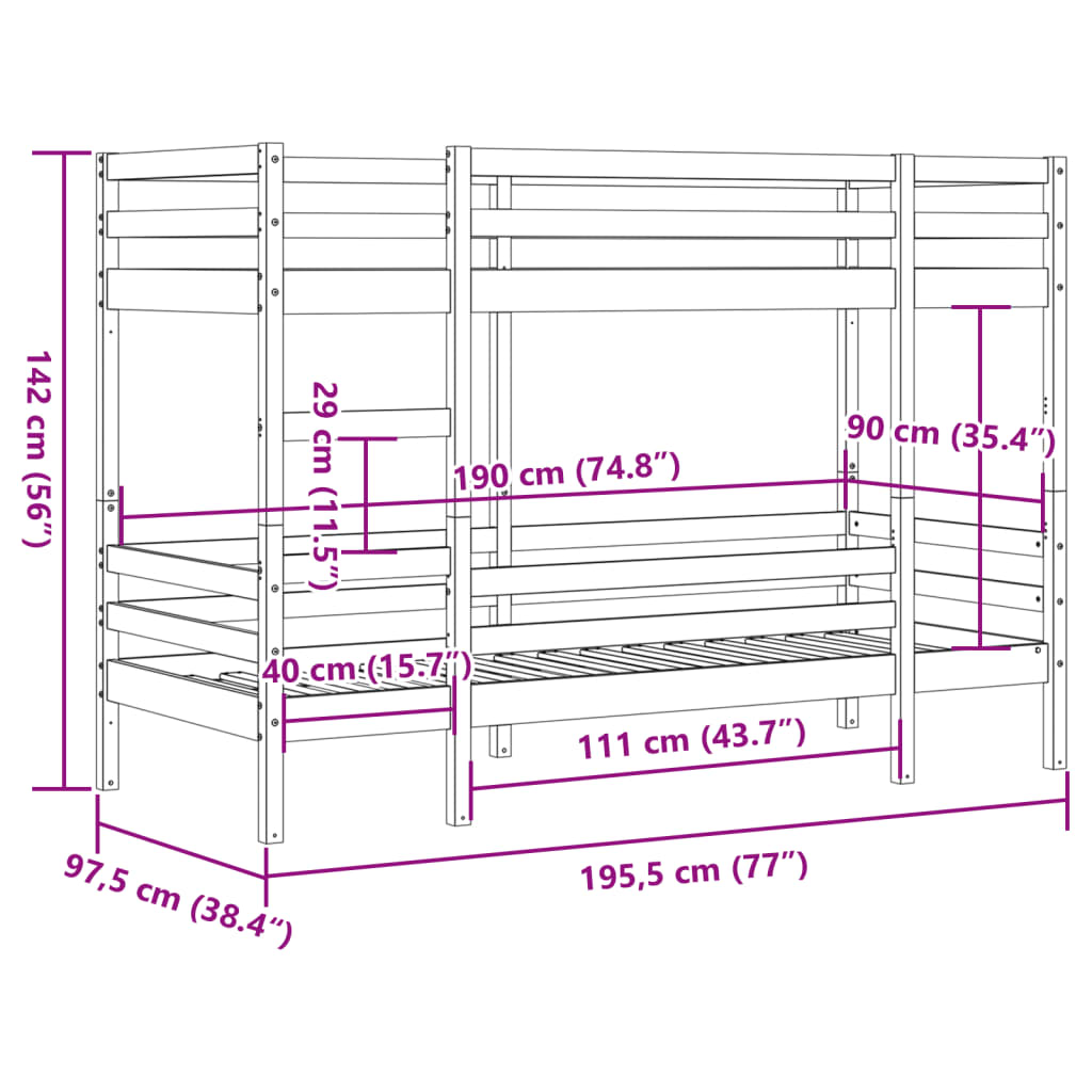 vidaXL Bunk Bed without Mattress 90x190 cm Single Solid Wood Pine