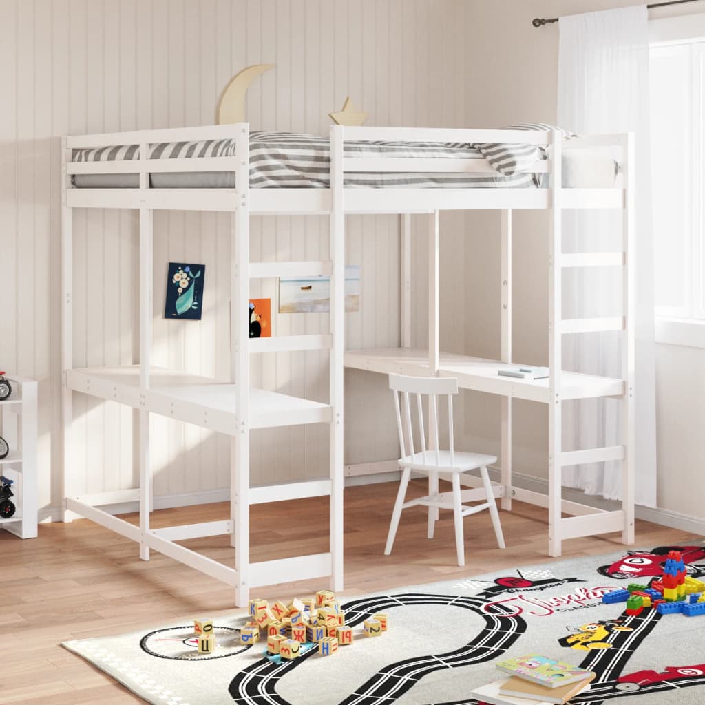 vidaXL Loft Bed with Desk and Ladder White 200x200 cm Solid Wood Pine