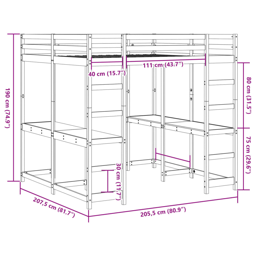 vidaXL Loft Bed with Desk and Ladder Wax Brown 200x200 cm Solid Wood Pine