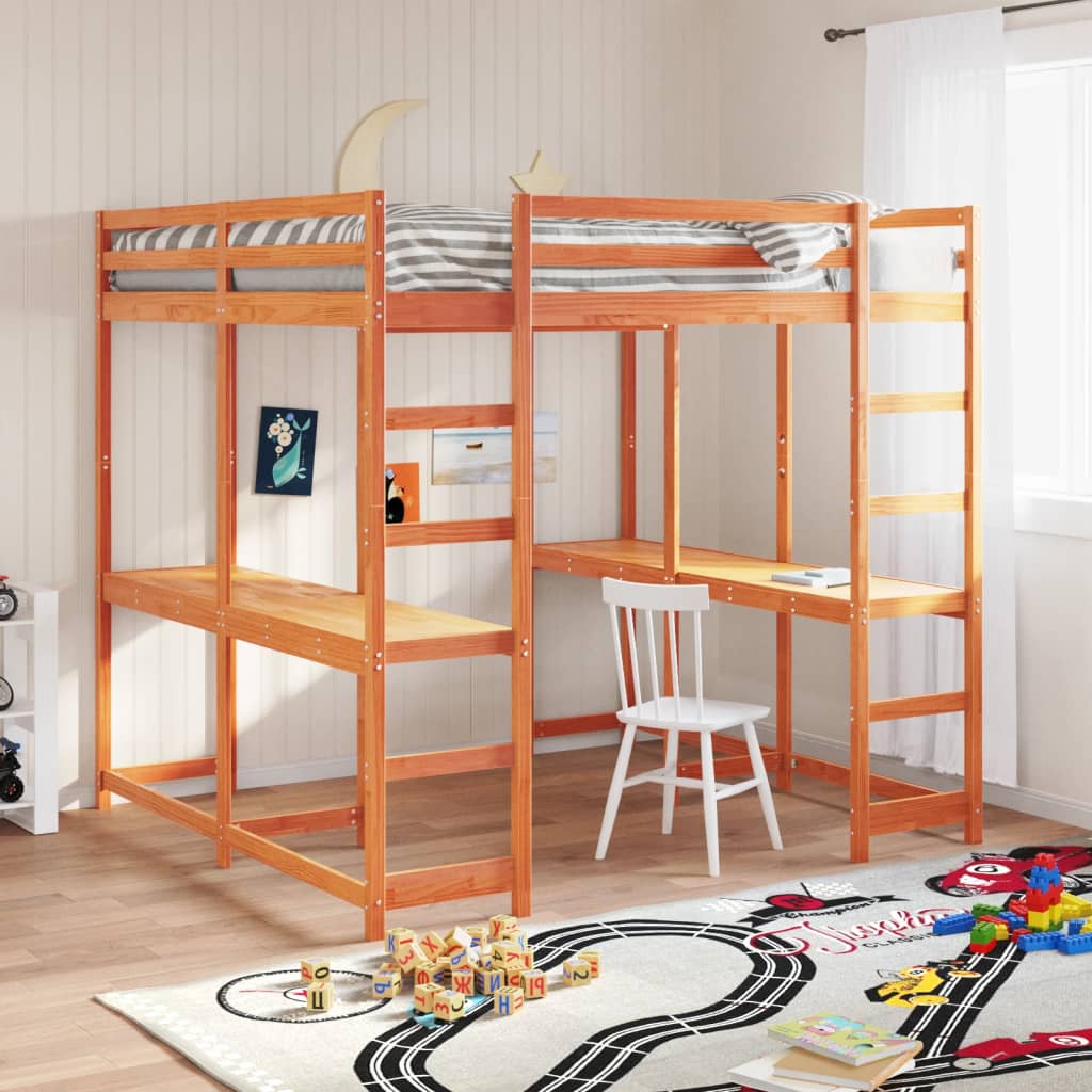 vidaXL Loft Bed with Desk and Ladder Wax Brown 180x200 cm Super King Solid Wood Pine