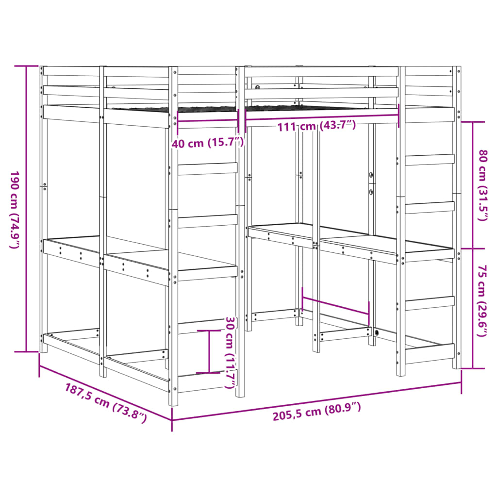 vidaXL Loft Bed with Desk and Ladder Wax Brown 180x200 cm Super King Solid Wood Pine