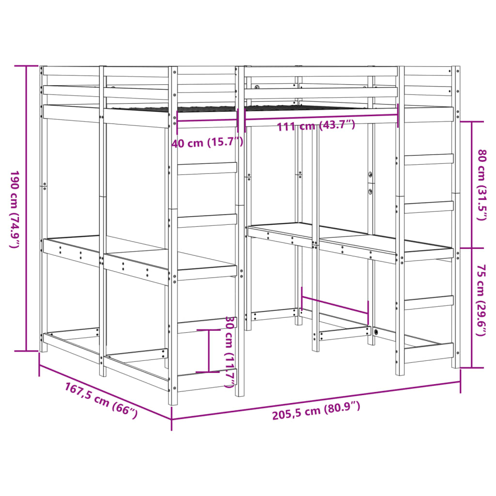 vidaXL Loft Bed with Desk and Ladder White 160x200 cm Solid Wood Pine