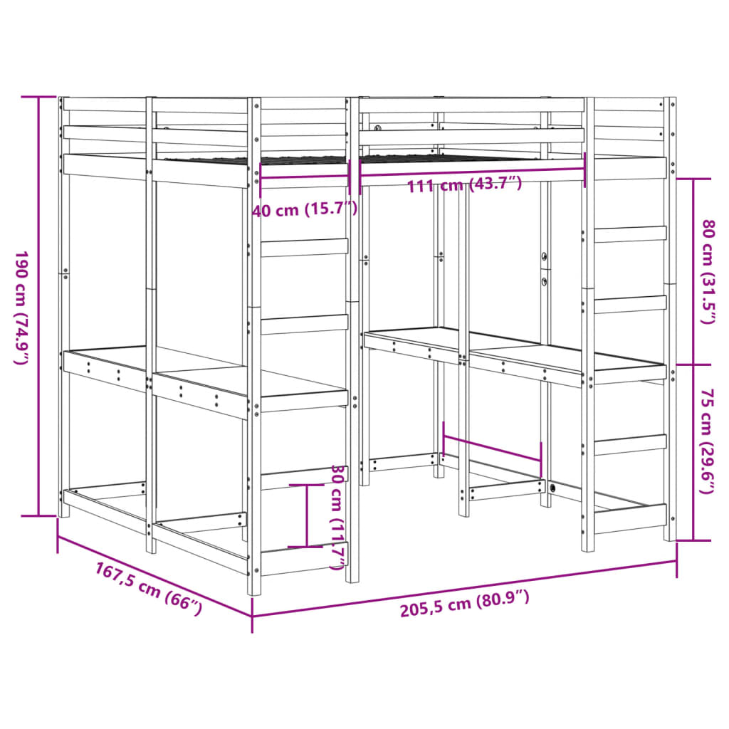 vidaXL Loft Bed with Desk and Ladder Wax Brown 160x200 cm Solid Wood Pine