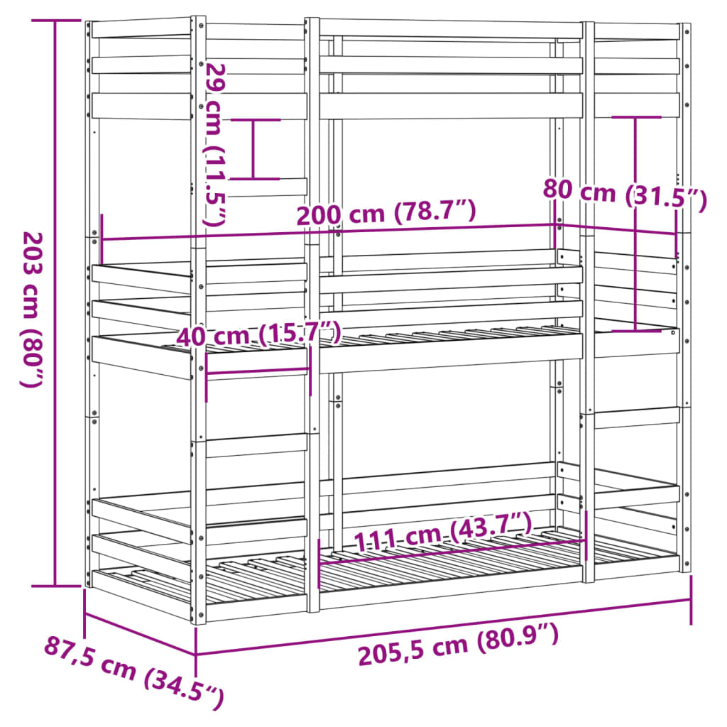 vidaXL Triple Bunk Bed without Mattress 80x200 cm Solid Wood Pine