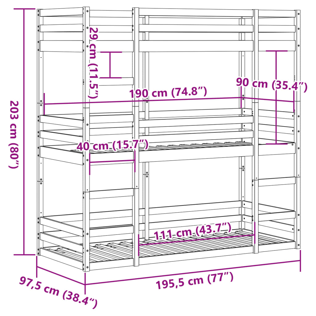 vidaXL Triple Bunk Bed without Mattress White 90x190 cm Single Solid Wood Pine