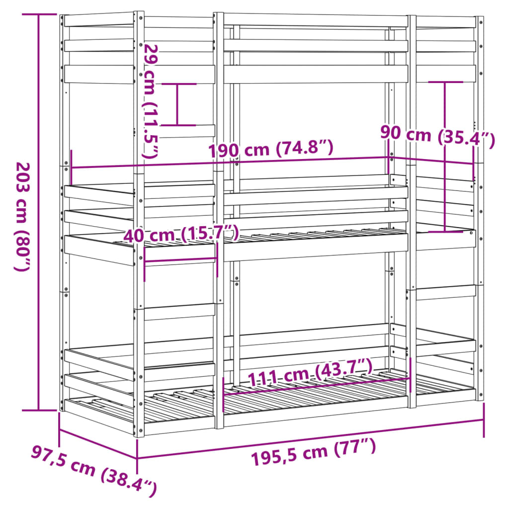 vidaXL Triple Bunk Bed without Mattress Wax Brown 90x190 cm Single Solid Wood Pine