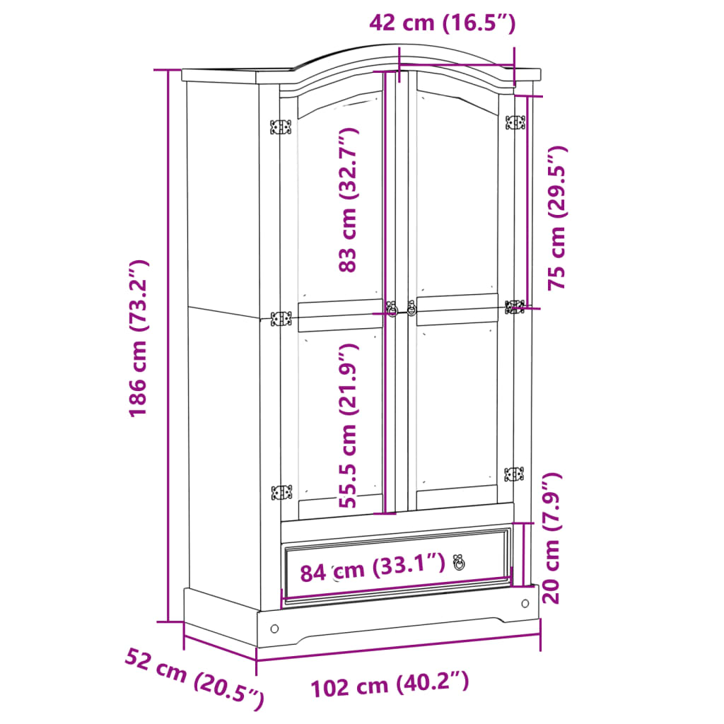 vidaXL Wardrobe Corona White 102x52x186 cm Solid Wood Pine