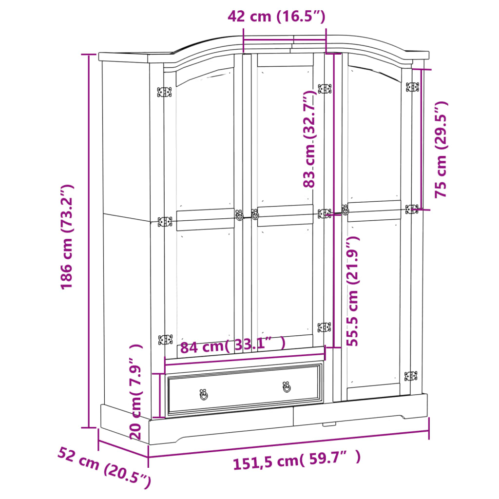 Wardrobe Corona White 151.5x52x186 cm Solid Wood Pine