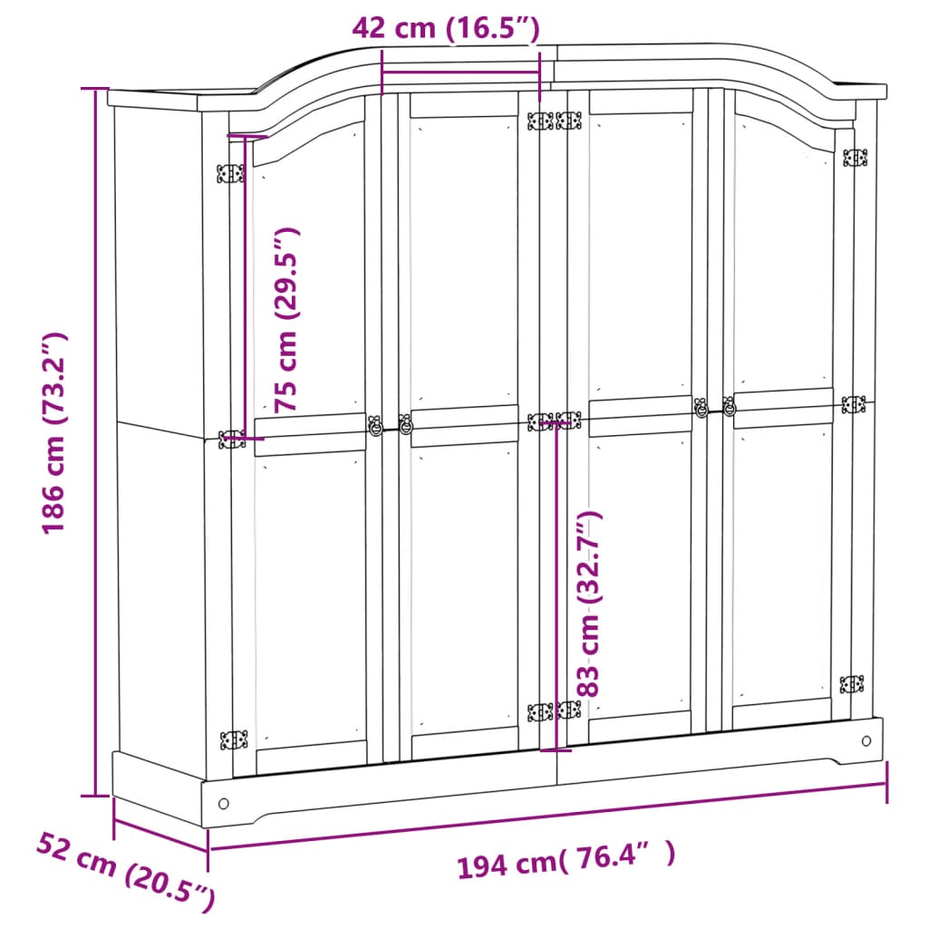 vidaXL Wardrobe Corona 194x52x186 cm Solid Wood Pine