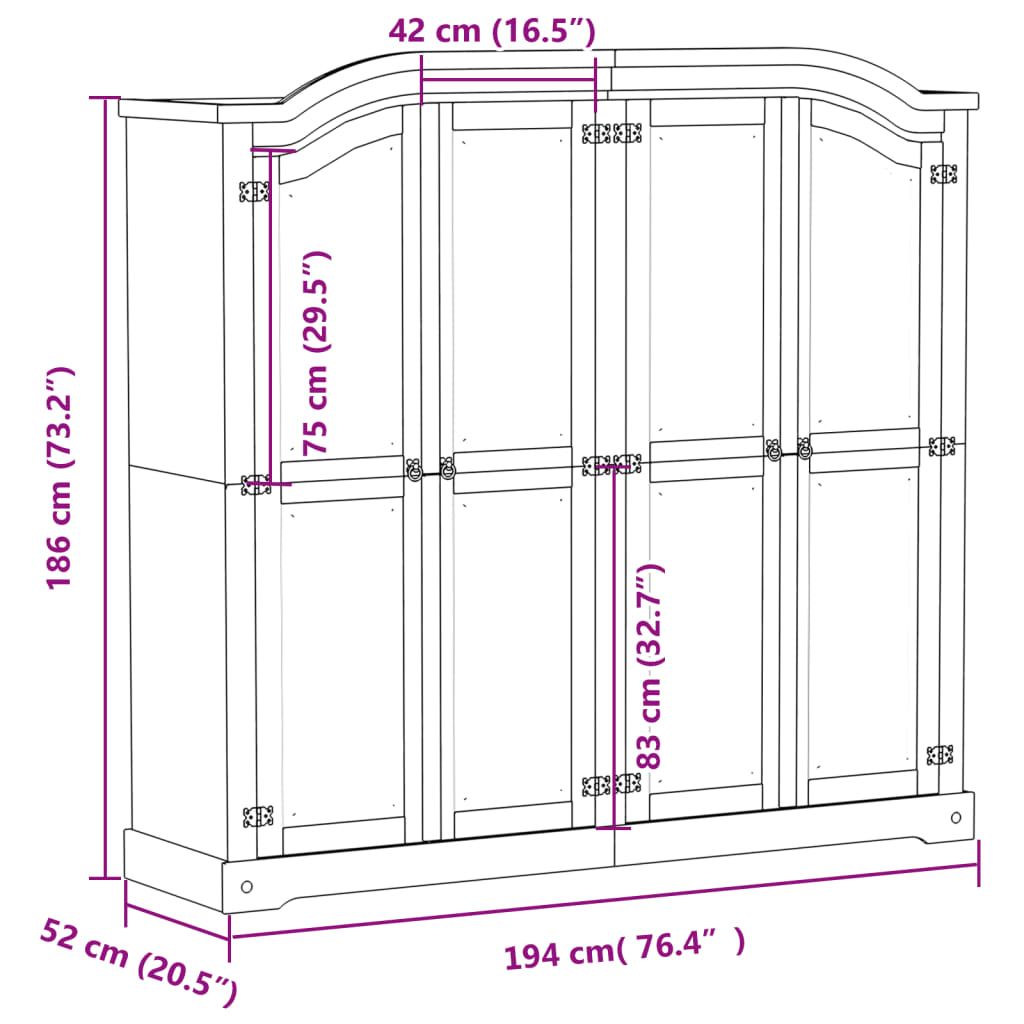 vidaXL Wardrobe Corona White 194x52x186 cm Solid Wood Pine