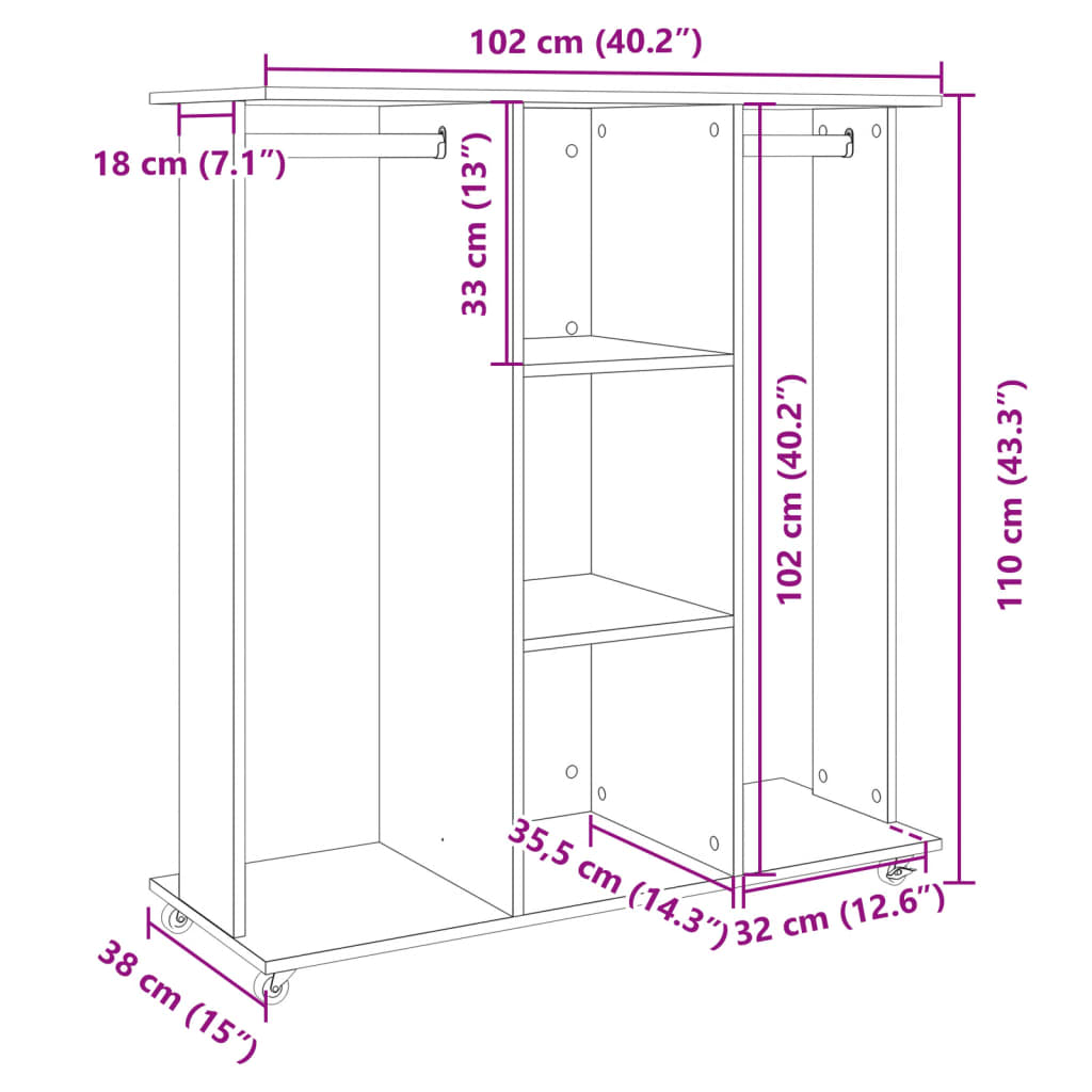 vidaXL Wardrobe with Wheels Black 102x38x110 cm Engineered Wood