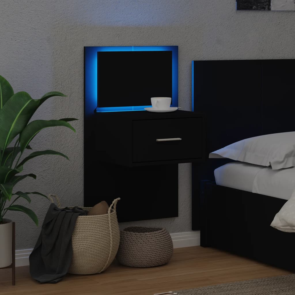 vidaXL Wall-mounted Bedside Cabinet with LED Lights Black
