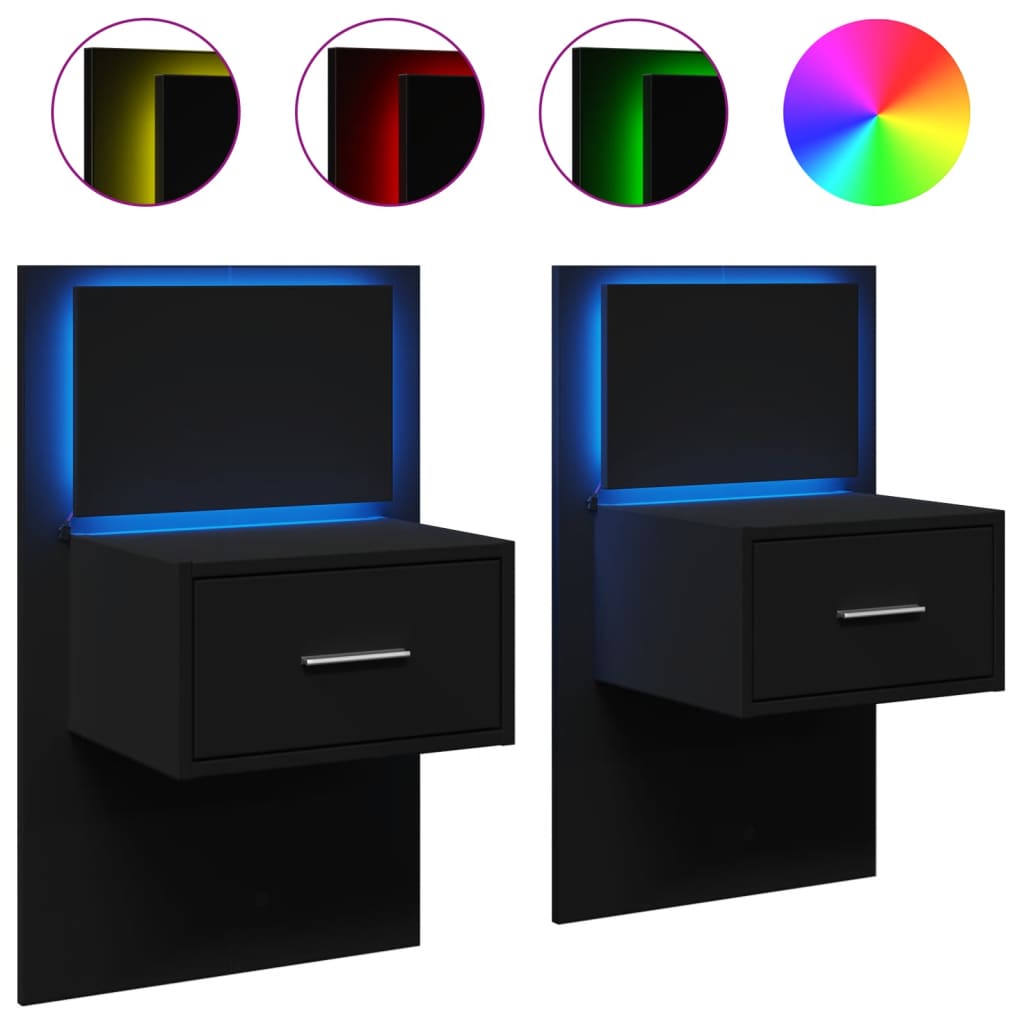 vidaXL Wall-mounted Bedside Cabinets with LED Lights 2 pcs Black