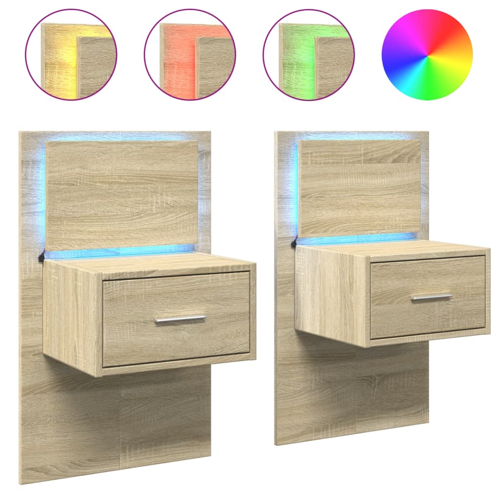 vidaXL Wall-mounted Bedside Cabinets with LED Lights 2 pcs Sonoma Oak