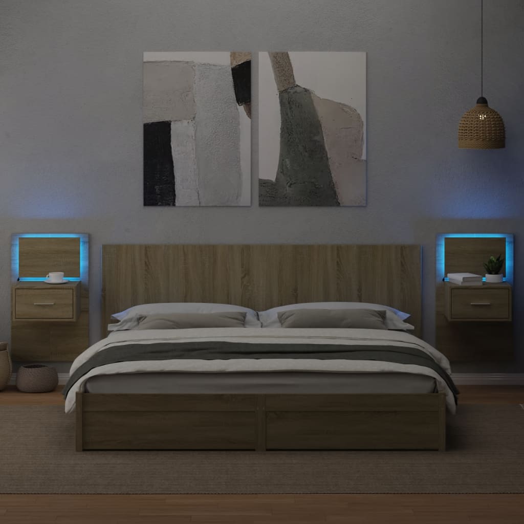 vidaXL Wall-mounted Bedside Cabinets with LED Lights 2 pcs Sonoma Oak