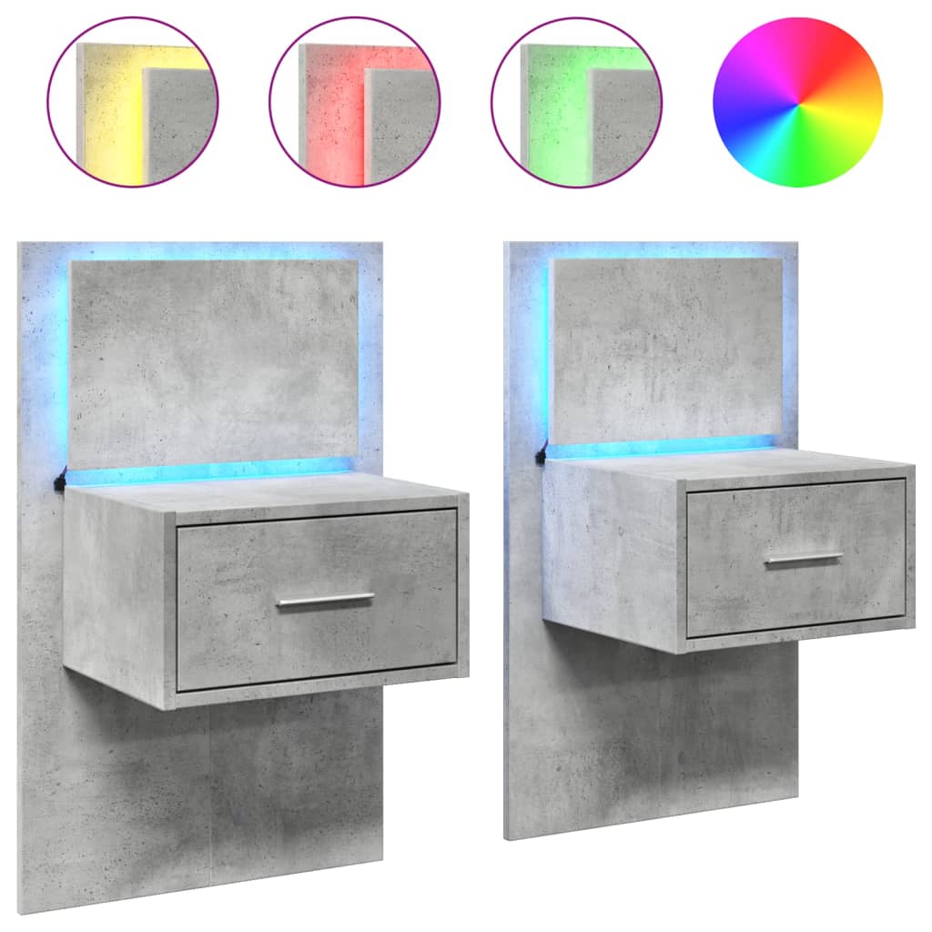 vidaXL Wall-mounted Bedside Cabinets with LED Lights 2 pcs Concrete Grey