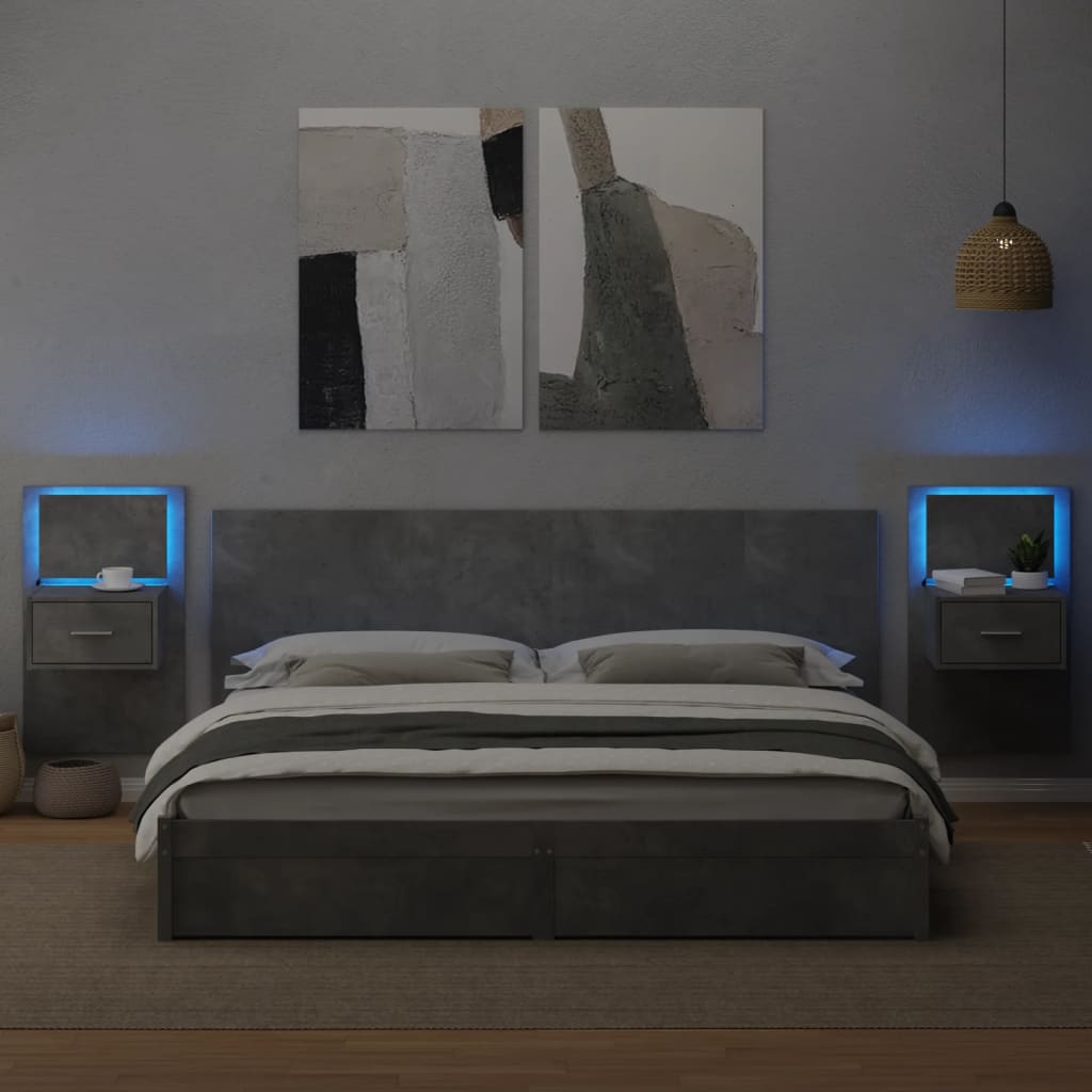 vidaXL Wall-mounted Bedside Cabinets with LED Lights 2 pcs Concrete Grey