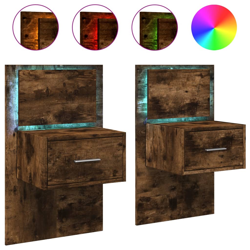 vidaXL Wall-mounted Bedside Cabinets with LED Lights 2 pcs Smoked Oak