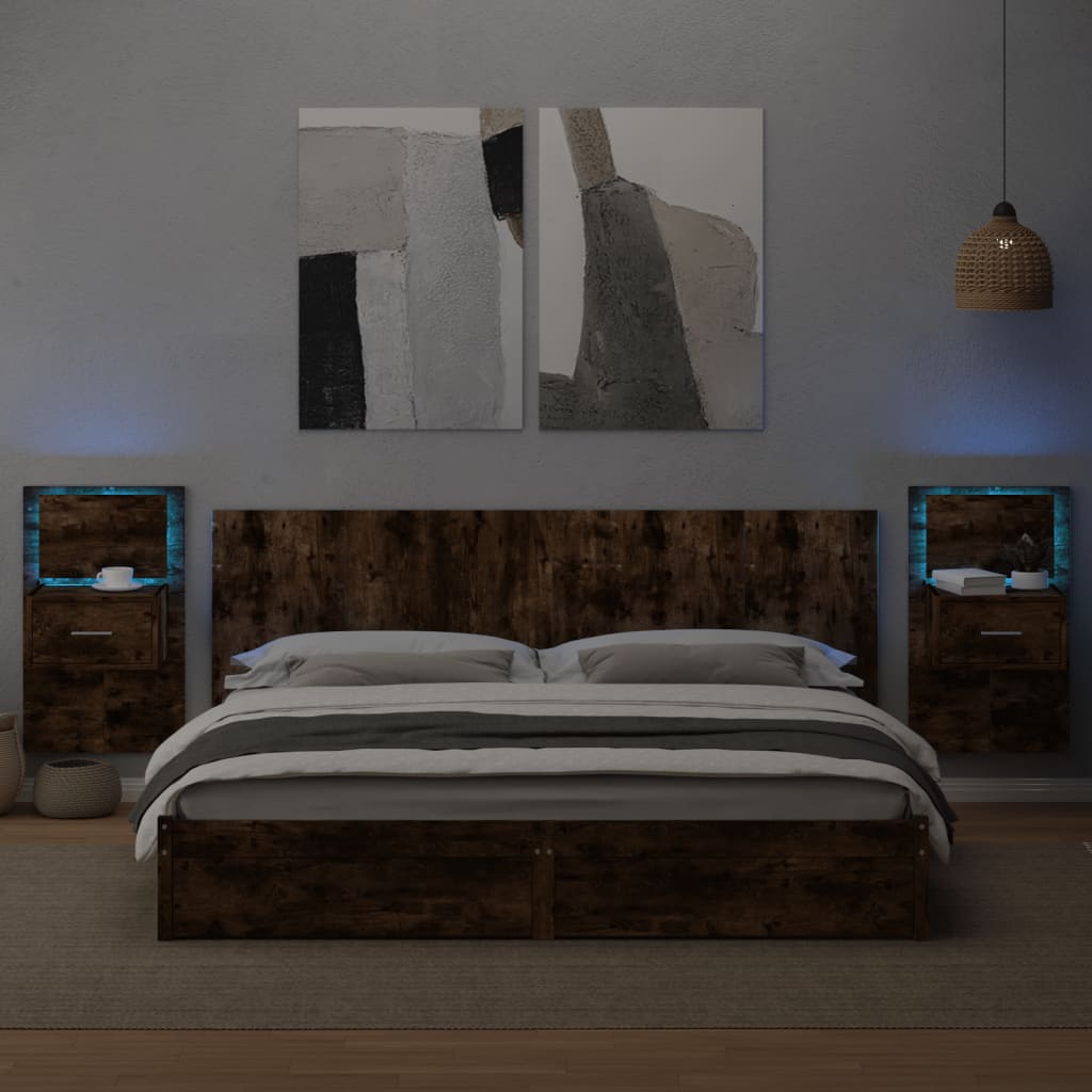 vidaXL Wall-mounted Bedside Cabinets with LED Lights 2 pcs Smoked Oak