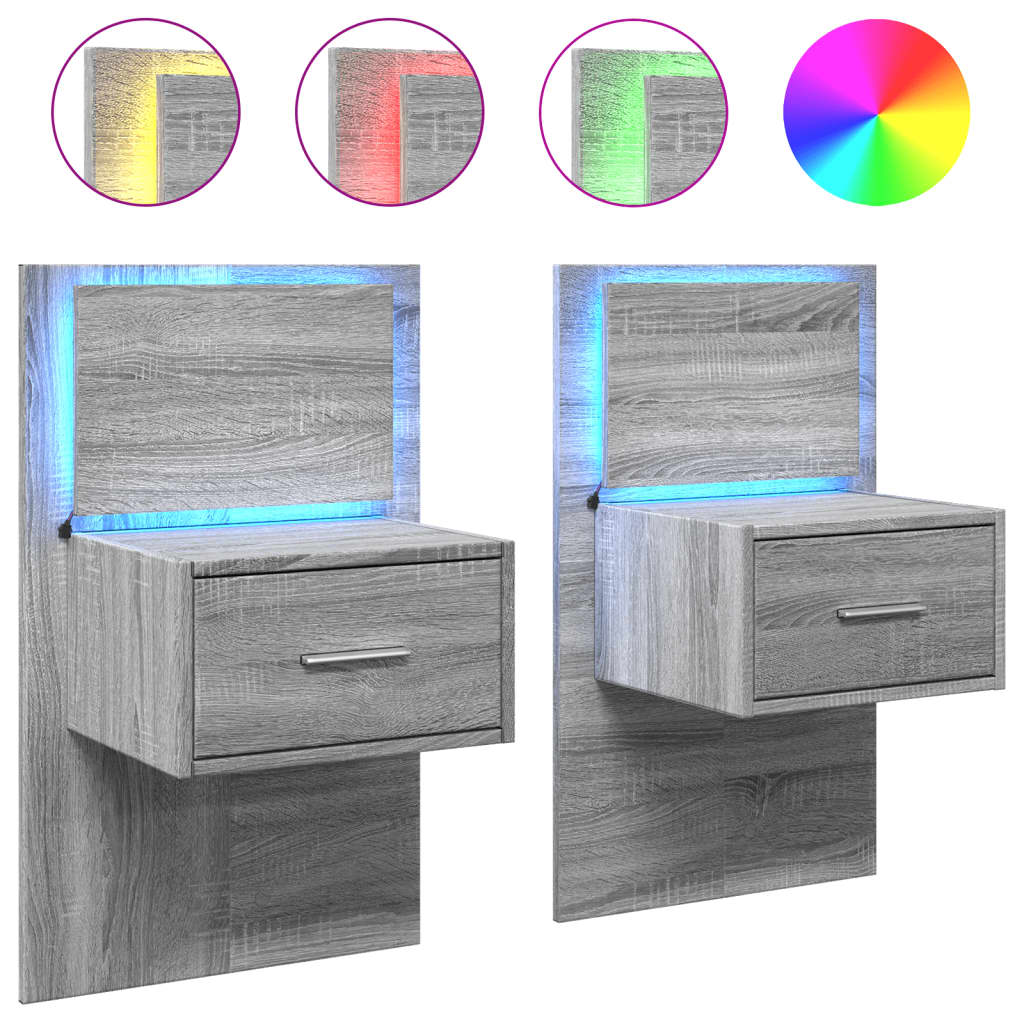 vidaXL Wall-mounted Bedside Cabinets with LED Lights 2 pcs Grey Sonoma