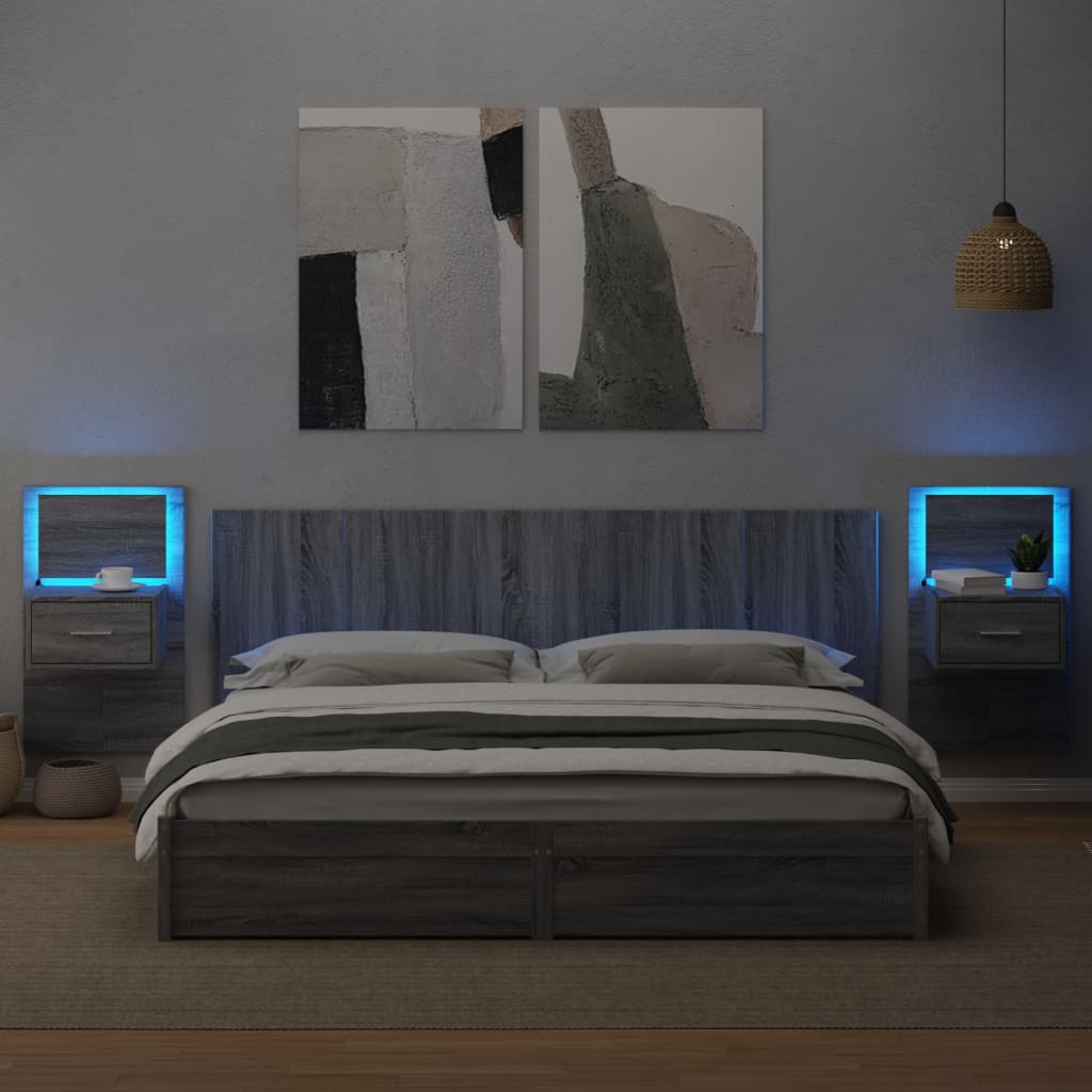 vidaXL Wall-mounted Bedside Cabinets with LED Lights 2 pcs Grey Sonoma