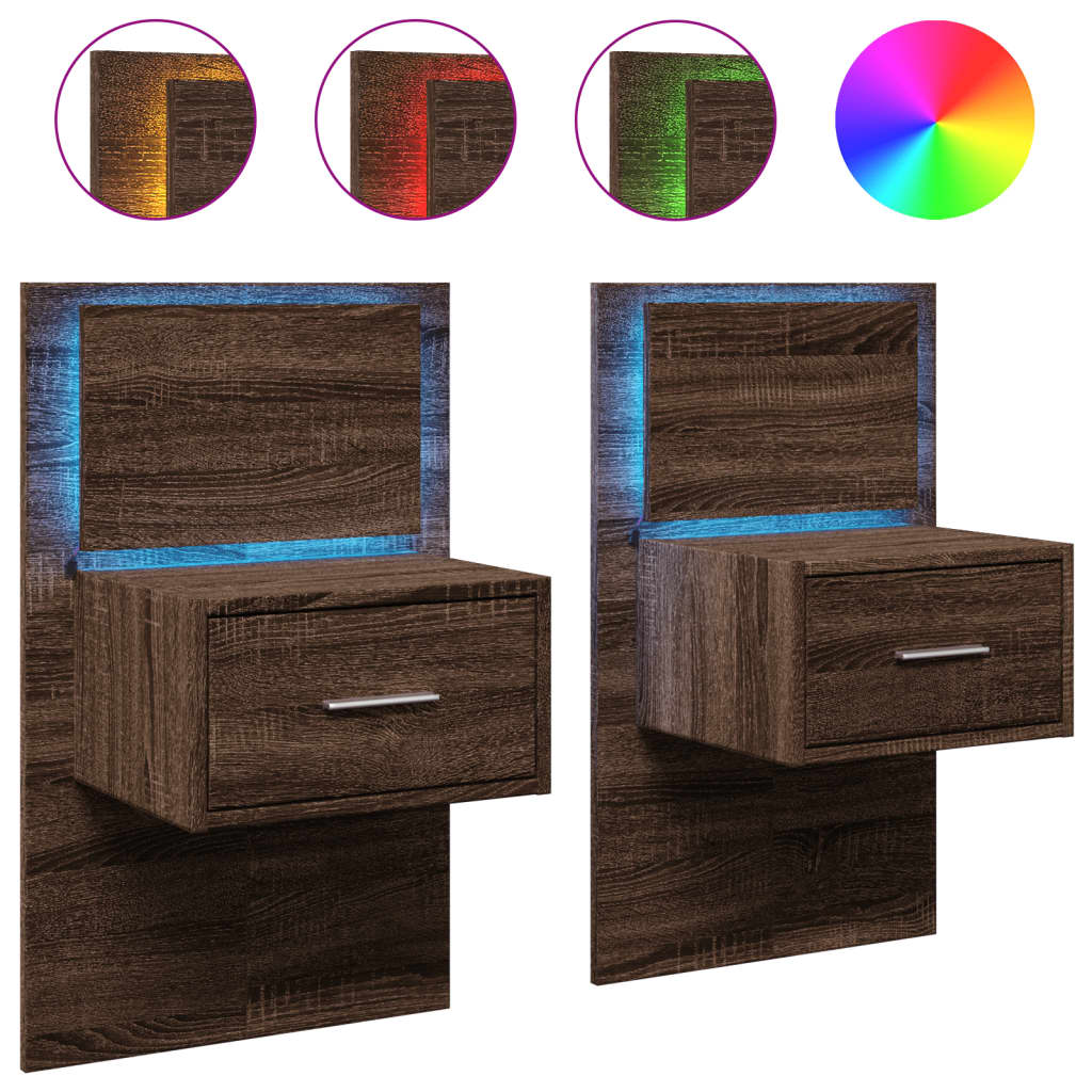 vidaXL Wall-mounted Bedside Cabinets with LED Lights 2 pcs Brown Oak