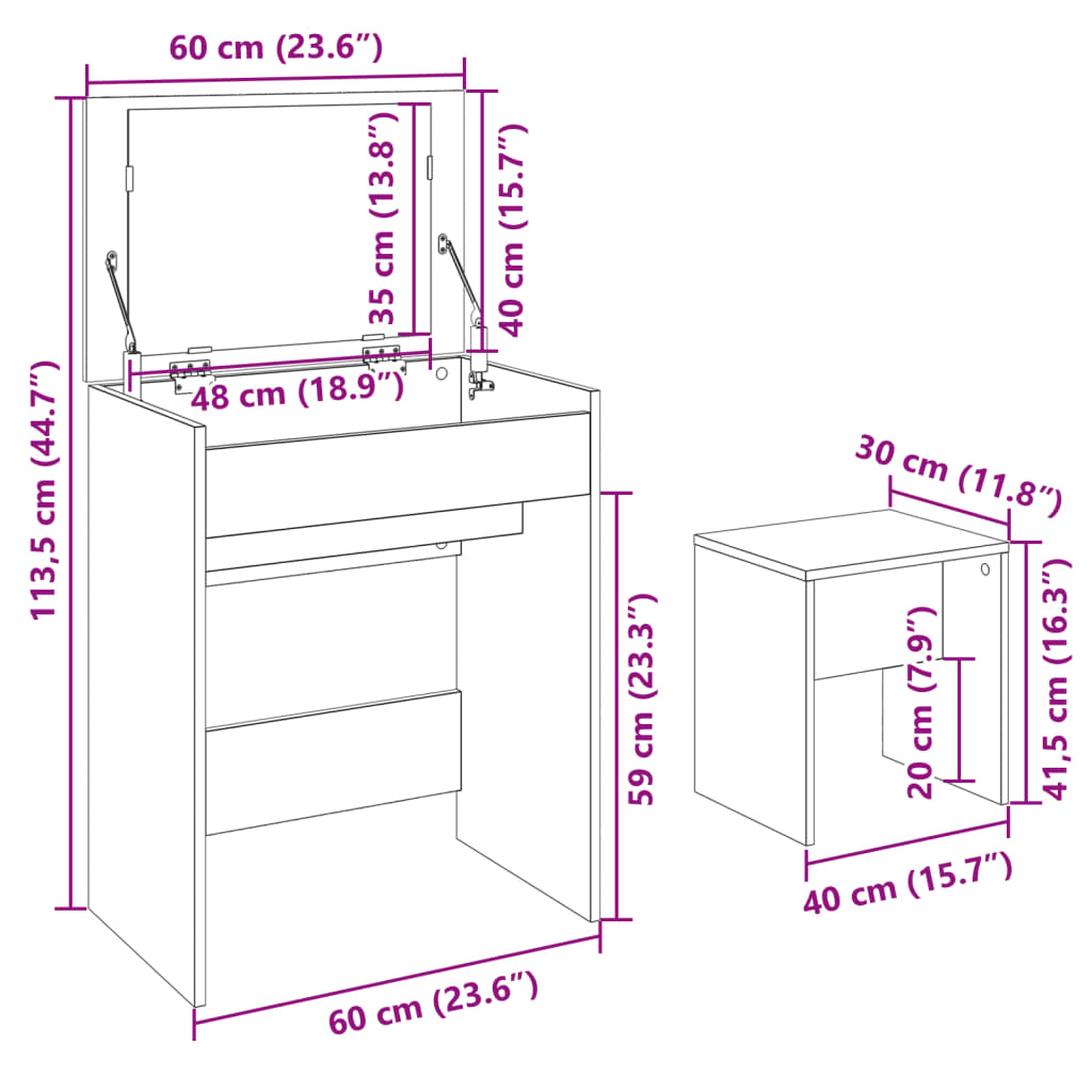 Dressing Table and Stool Smoked Oak 60x40x113.5 cm