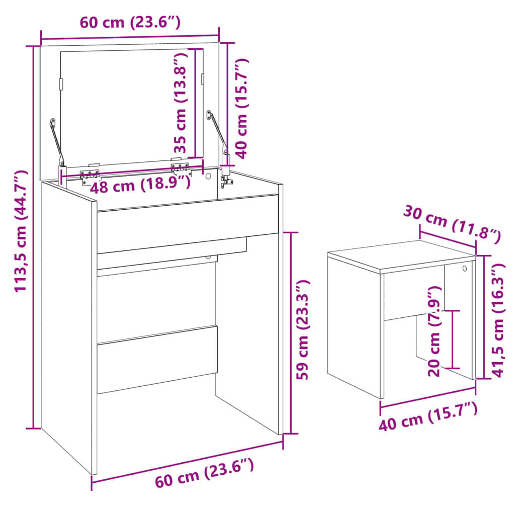 vidaXL Dressing Table and Stool Brown Oak 60x40x113.5 cm