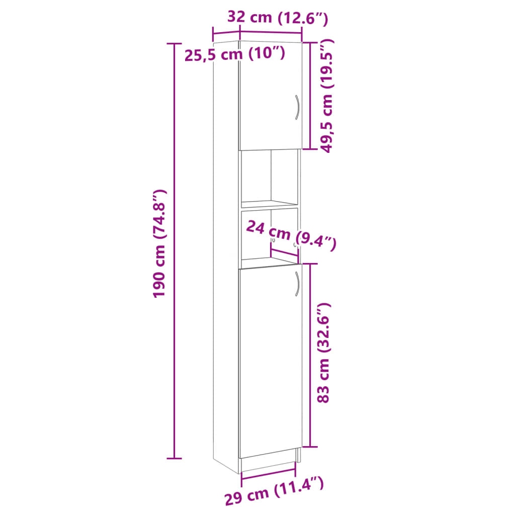 Bathroom Cabinet Sonoma Oak 32x25,5x190 cm Engineered Wood