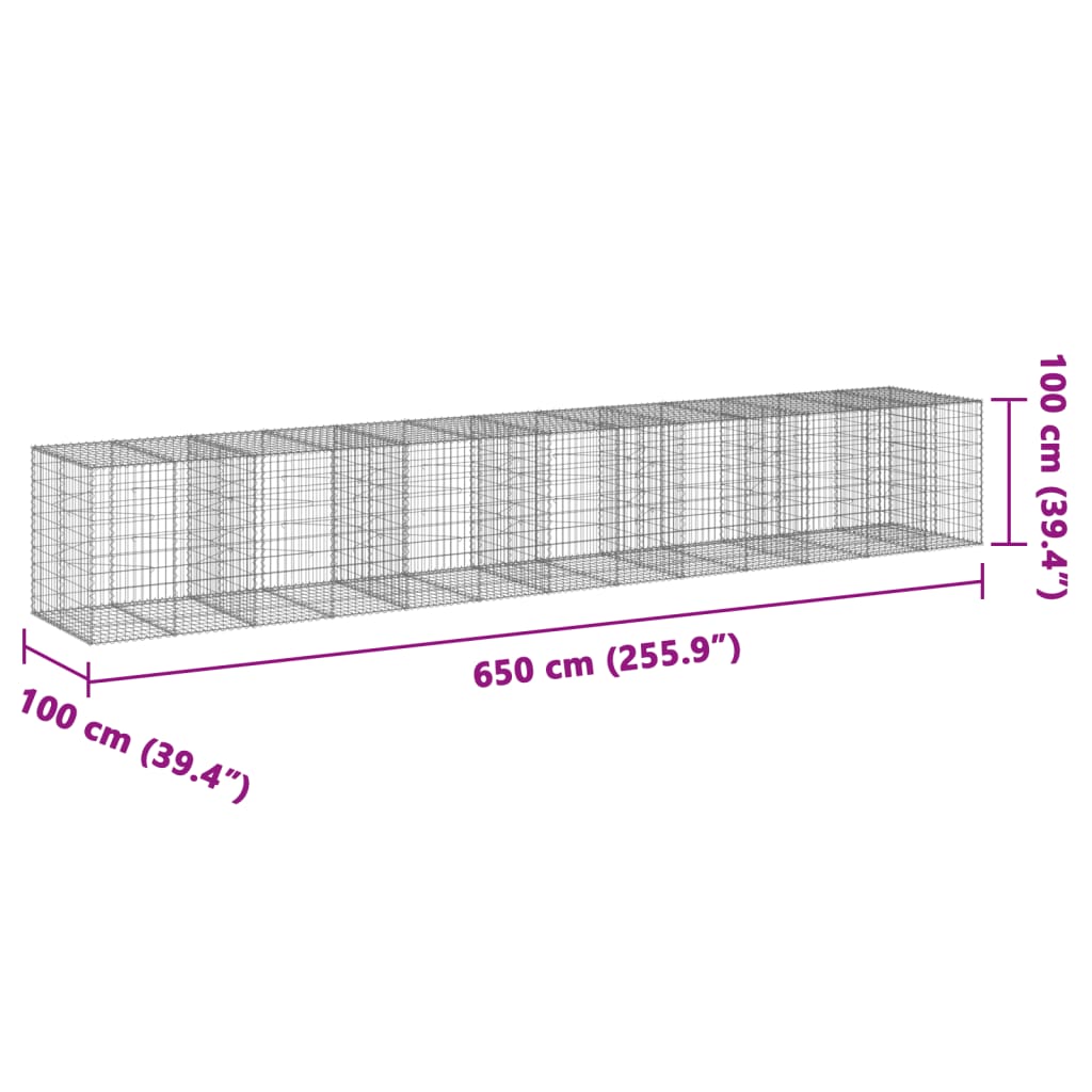 vidaXL Gabion Basket with Cover 650x100x100 cm Galvanised Iron